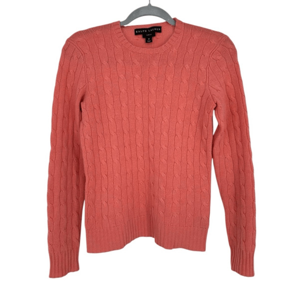 Ralph Lauren Black Label Womens M Cashmere Sweater Cable Knit Preppy Salmon Pink - Picture 1 of 10